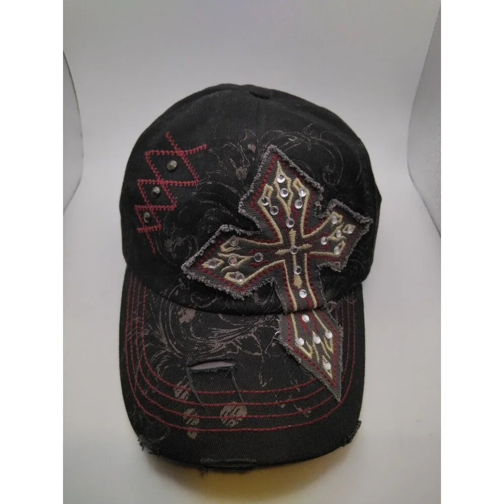 KBETHOS Y2K Rhinestone Embroidered Hat Black/Grey/Red Distressed Cap Vintage